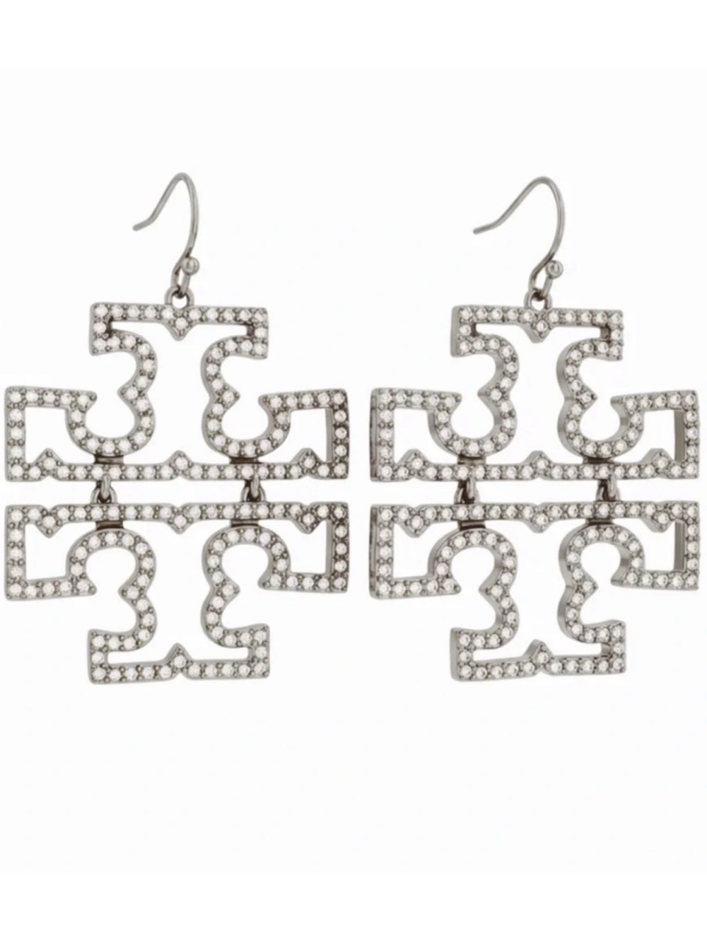 TORY BURCH • Silver Britten Crystal Logo Drop Earrings